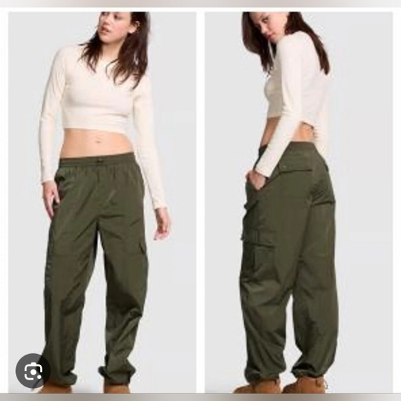 PINK Victoria's Secret Pants - NWT Olive Green High Rise Cargo Pants for Women - Relaxed Fit